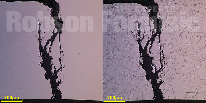 metallurgical expert analysis of alloy cross section - crack propagates trans-granularly through grains of metal